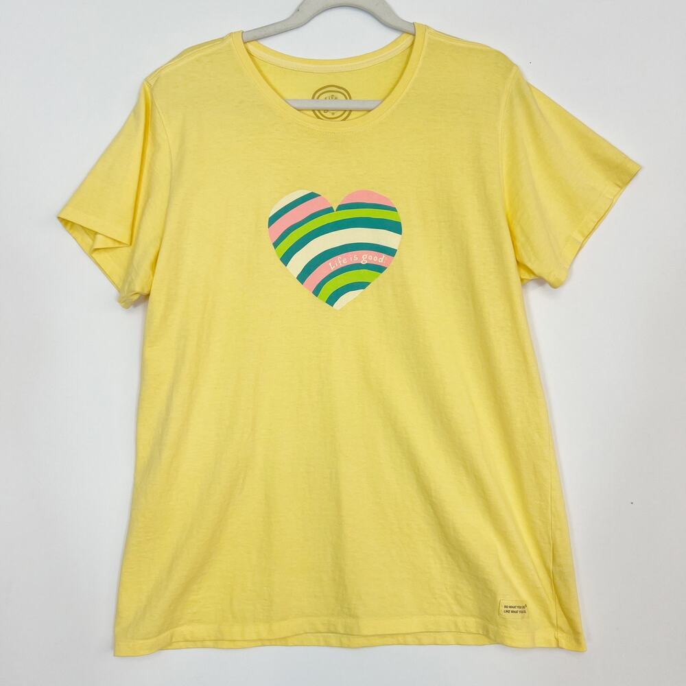 Life Is Good Yellow Short Sleeve Tee Rainbow Heart Graphic Women's XL
